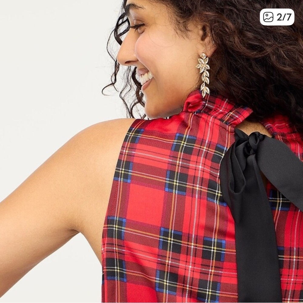 J.Crew Red Tartan Plaid Ruffleneck, bow back top - Picture 7 of 7